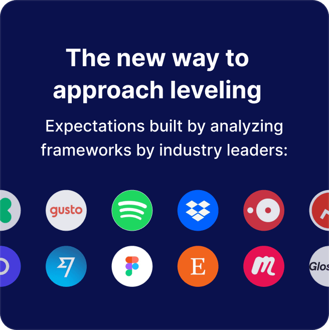 header: The new way to approach leveling subheader: expectations built by analyzing frameworks by industry leaders Below: array of technology industry logos