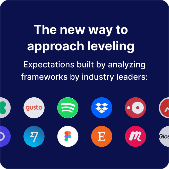 header: The new way to approach leveling subheader: expectations built by analyzing frameworks by industry leaders Below: array of technology industry logos